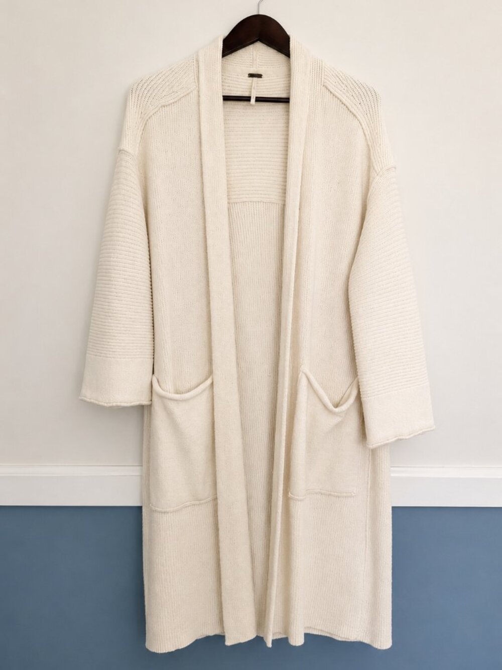 Free People Cream Long Open Front Ribbed Cardigan Sweater Women's S